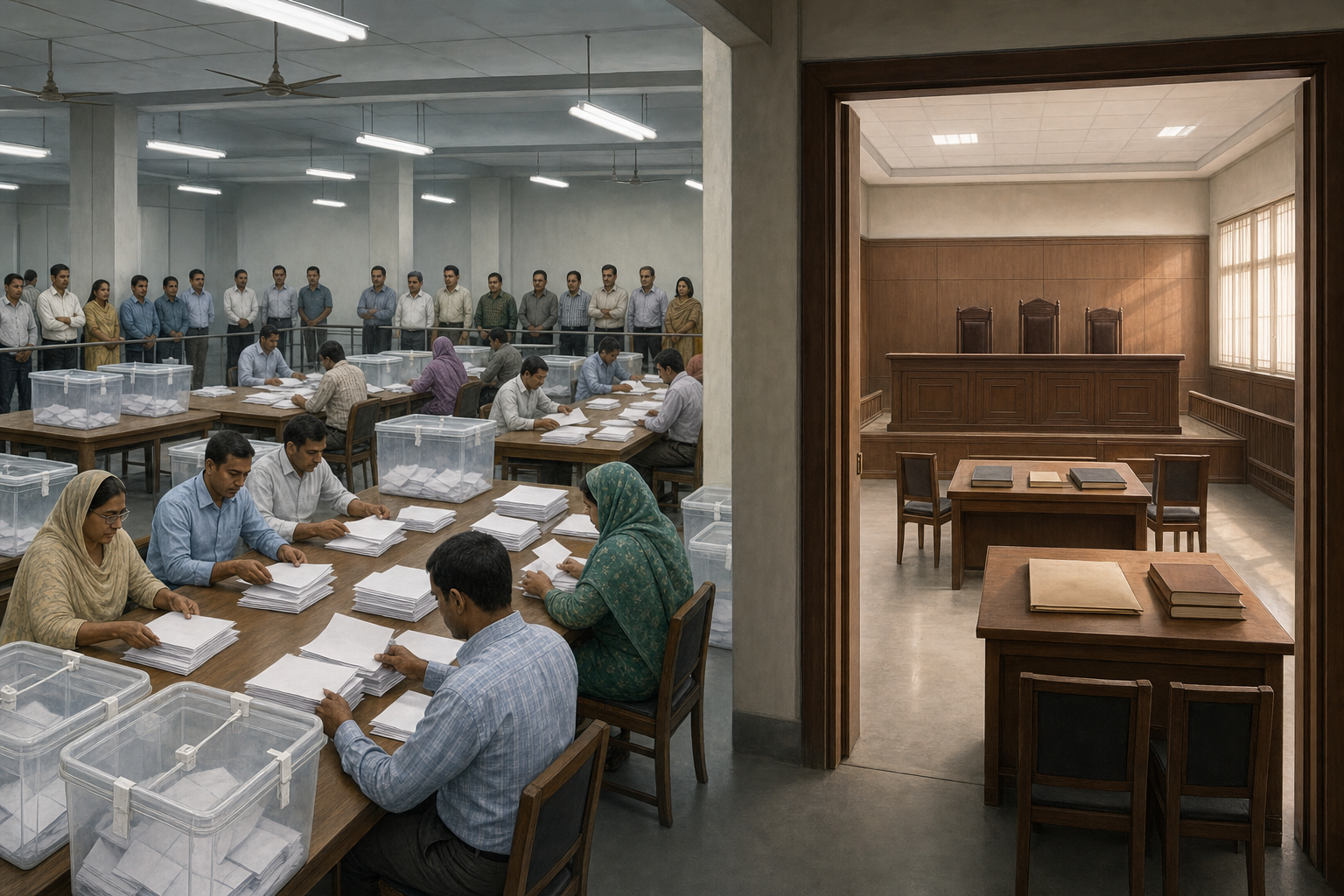 Editorial illustration of ballots being counted under observation in one room while an adjacent court chamber awaits an election petition.