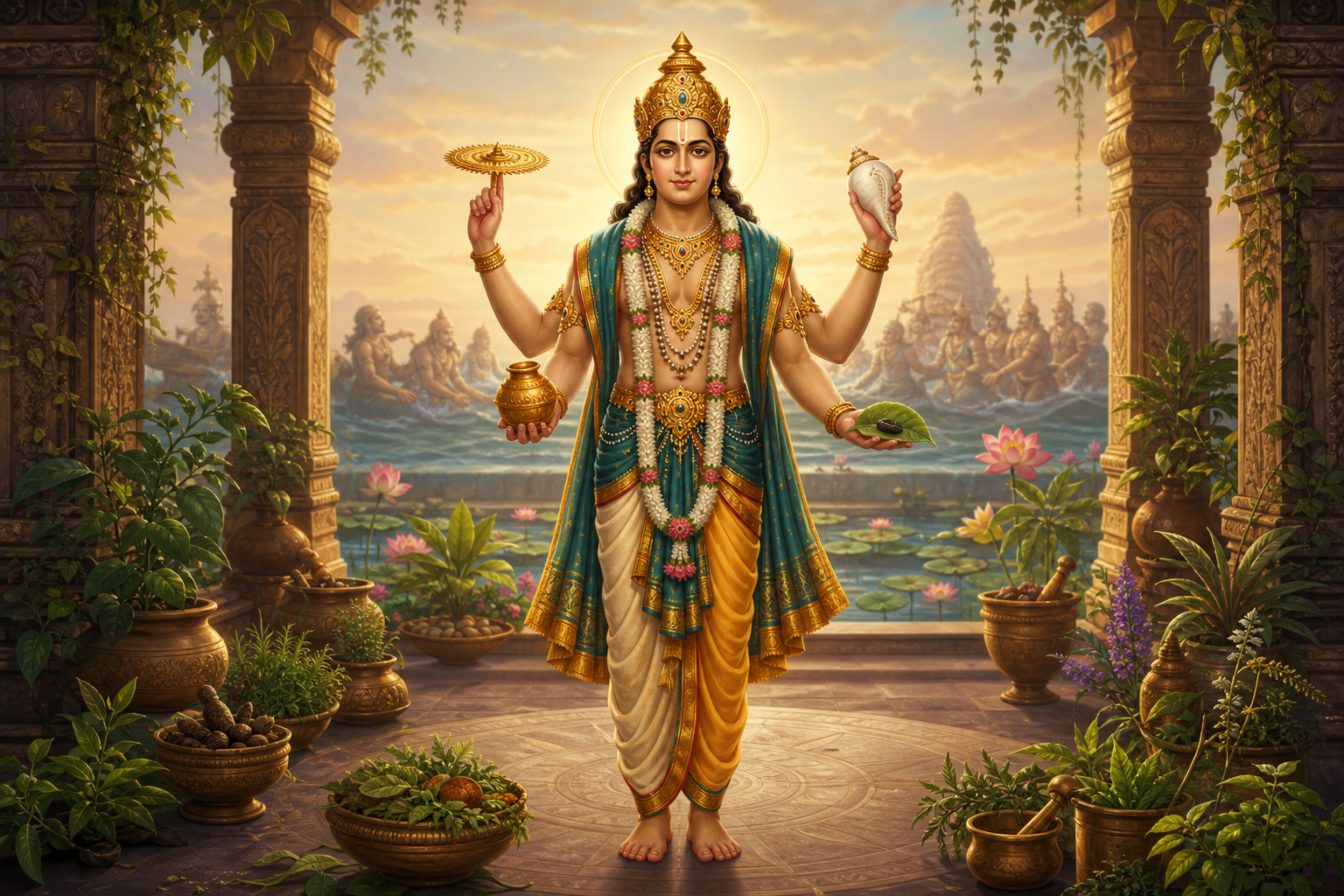 Illustration of four-armed Dhanvantari holding an amrita vessel, conch, discus, and a medicinal leech on a green leaf.