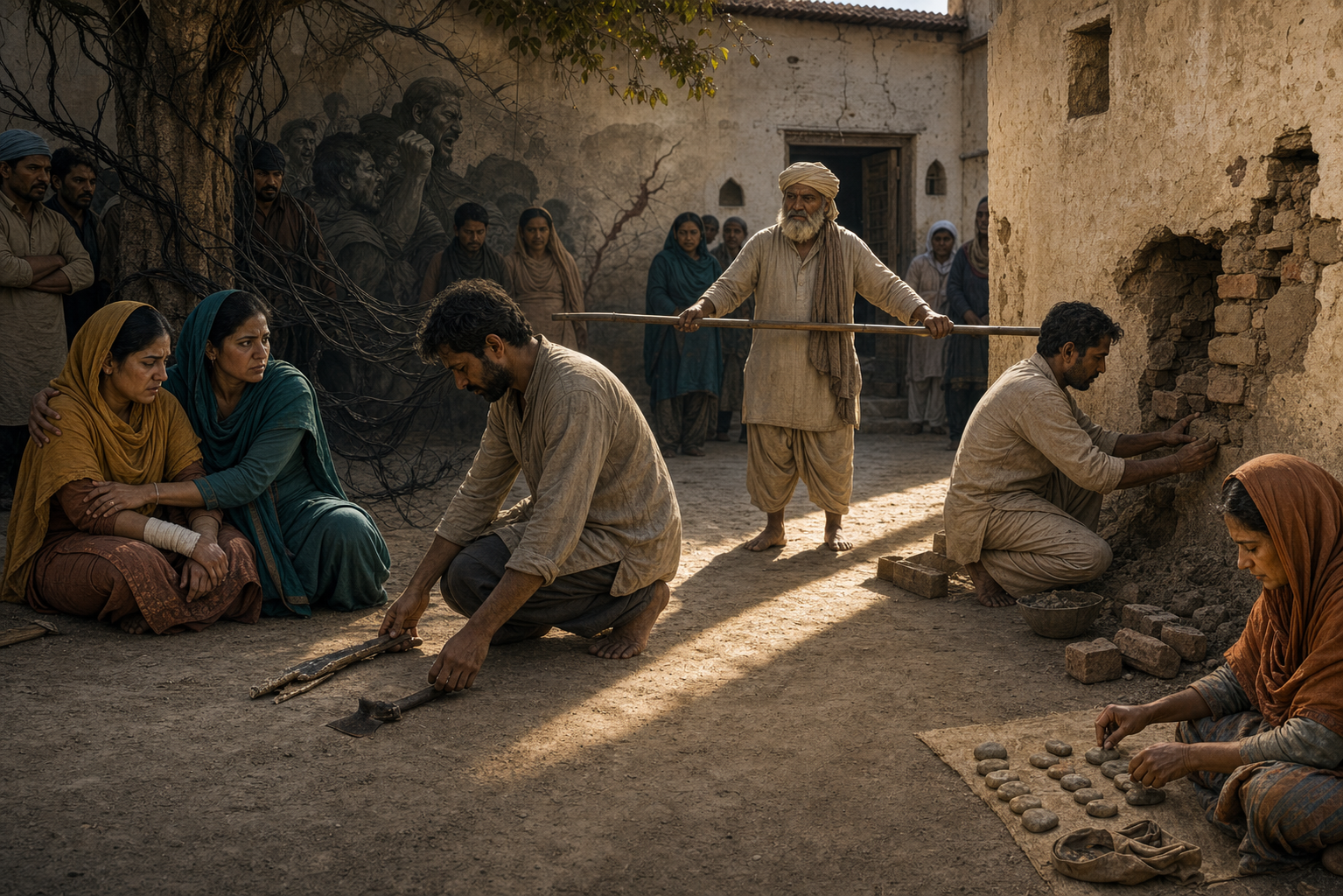 Community members protect an injured person and repair a damaged wall while the person responsible sets down a broken weapon and faces the consequences.