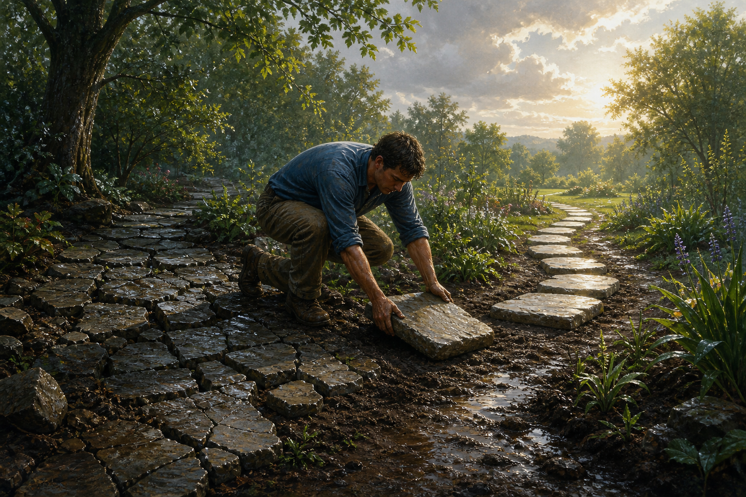 An adult places a stable stepping stone on a garden path as new plants grow around older cracked stones left behind.