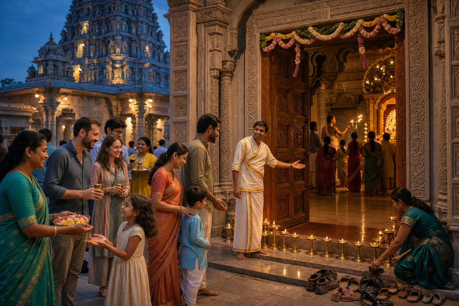 Temple volunteers welcome visitors in an outer courtyard while a carved, lamp-lined threshold separates the public area from an inner ritual.