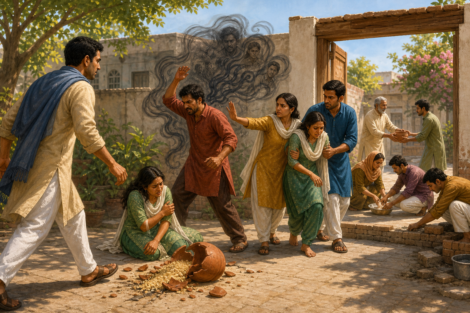 An observer steps forward as bystanders stop an aggressor, protect an injured person and begin restitution and repair in a community courtyard.