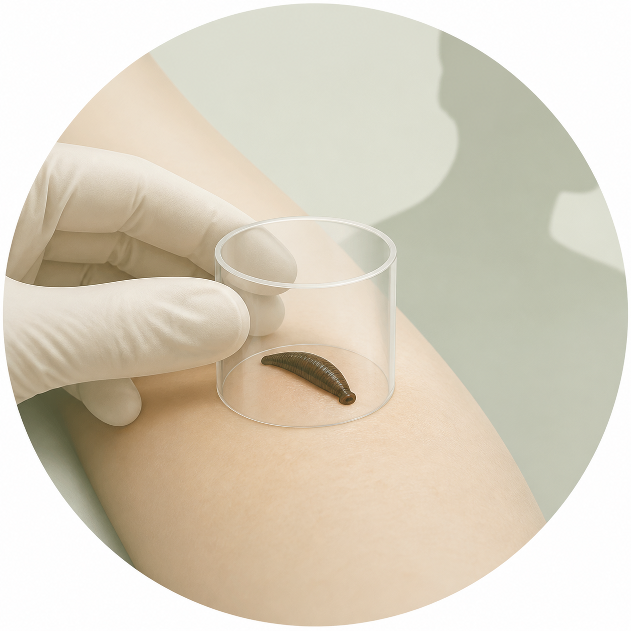 A clinician uses a transparent cylinder to place one medicinal leech on a small, localized area of intact skin.