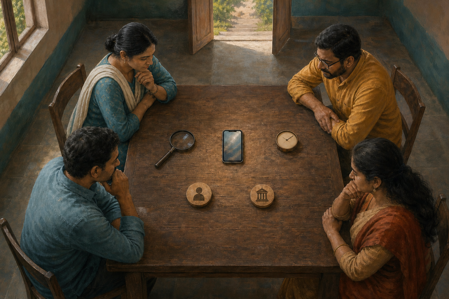 Four people calmly examine a phone, magnifying lens, clock, and wooden tokens arranged on a square table in a community hall.