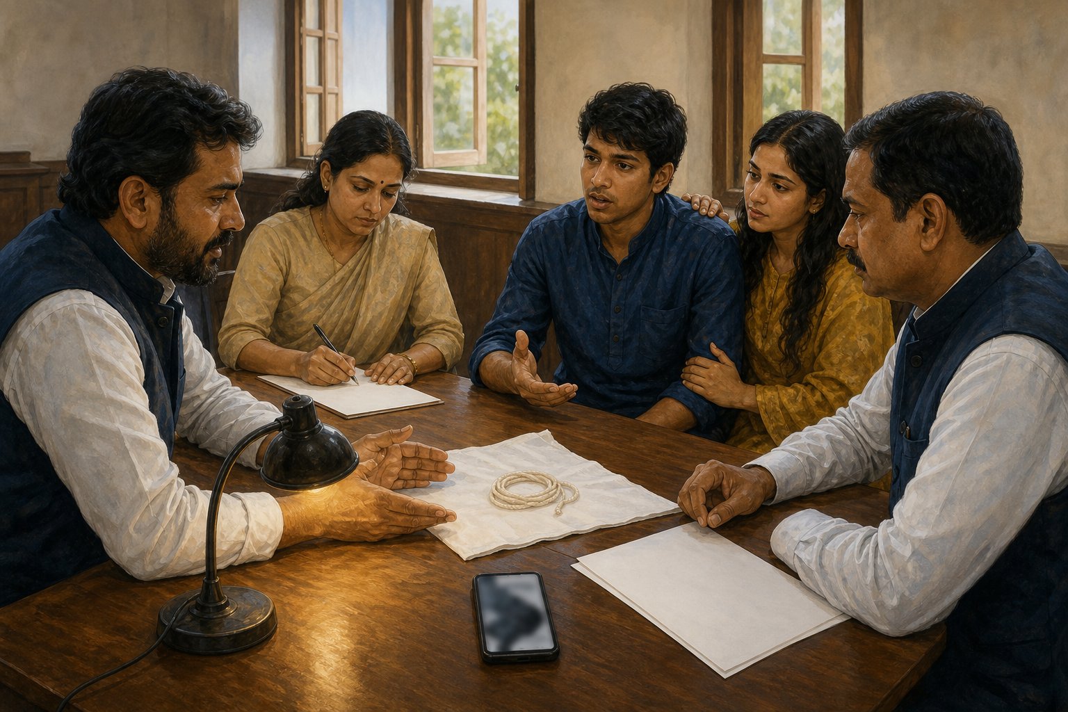 A community advocate, an official, an observer, and an affected young adult examine a sacred thread and phone evidence around a civic hearing table.