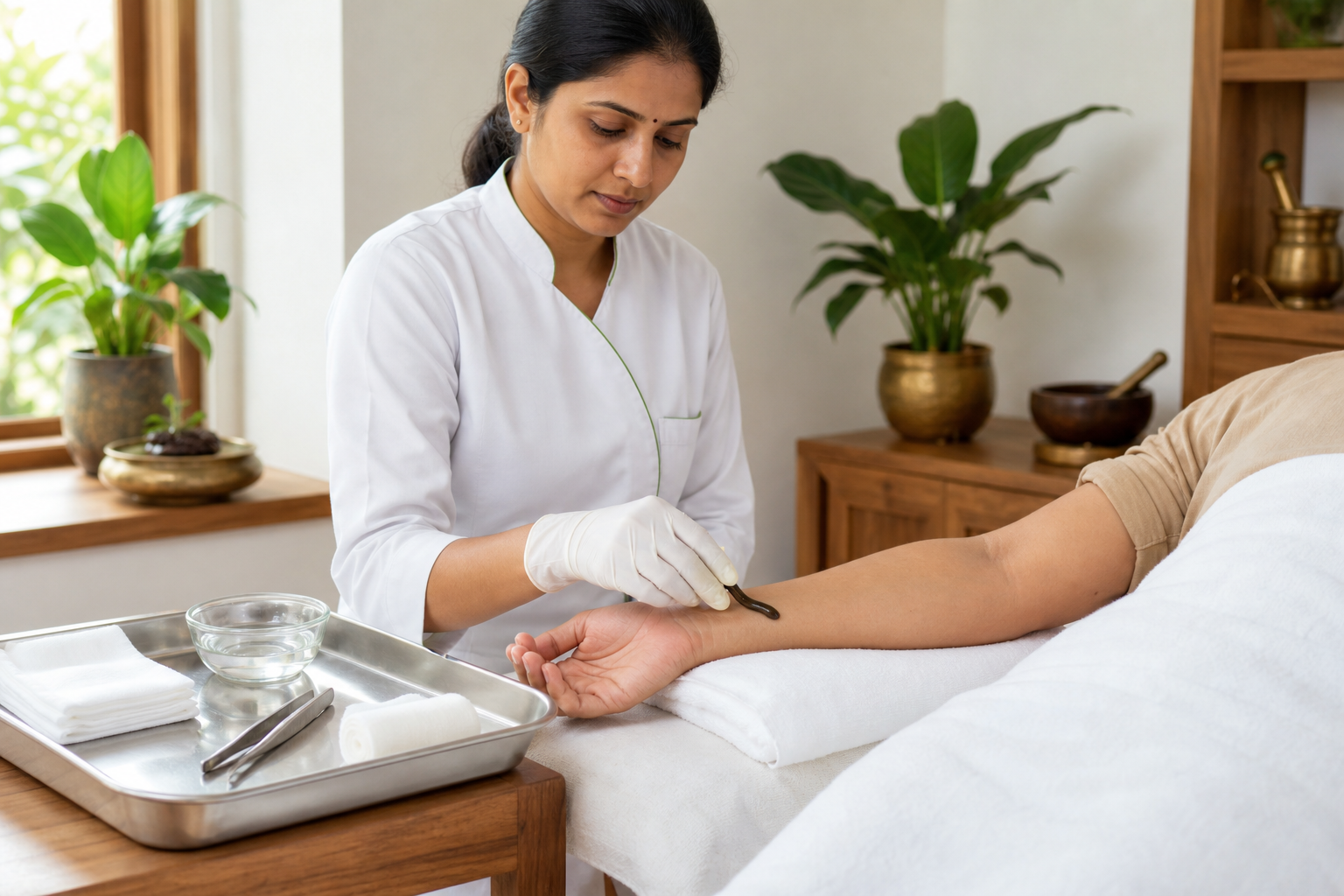 A gloved practitioner prepares to place a medicinal leech on a patient's forearm in a clean treatment room with dressing supplies nearby.