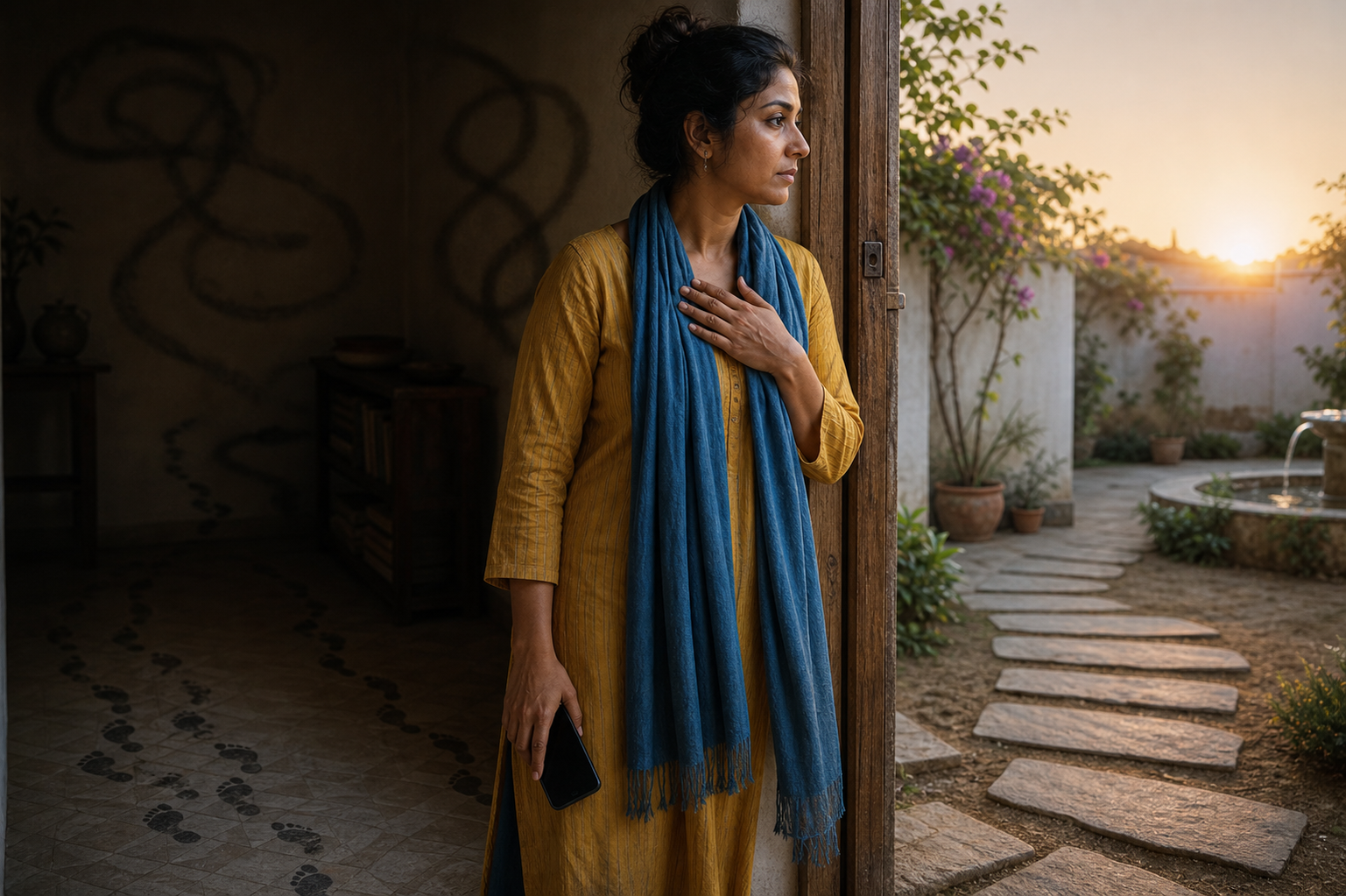 A person holding a smartphone pauses between a shadowed room with looping footprints and a bright courtyard with open stepping stones.