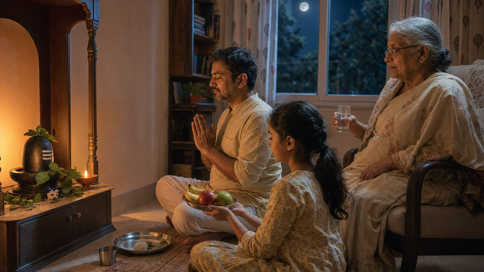Three generations observe a nighttime home vigil around a small Shiva shrine, with an older person seated comfortably with water and another family member offering fruit.
