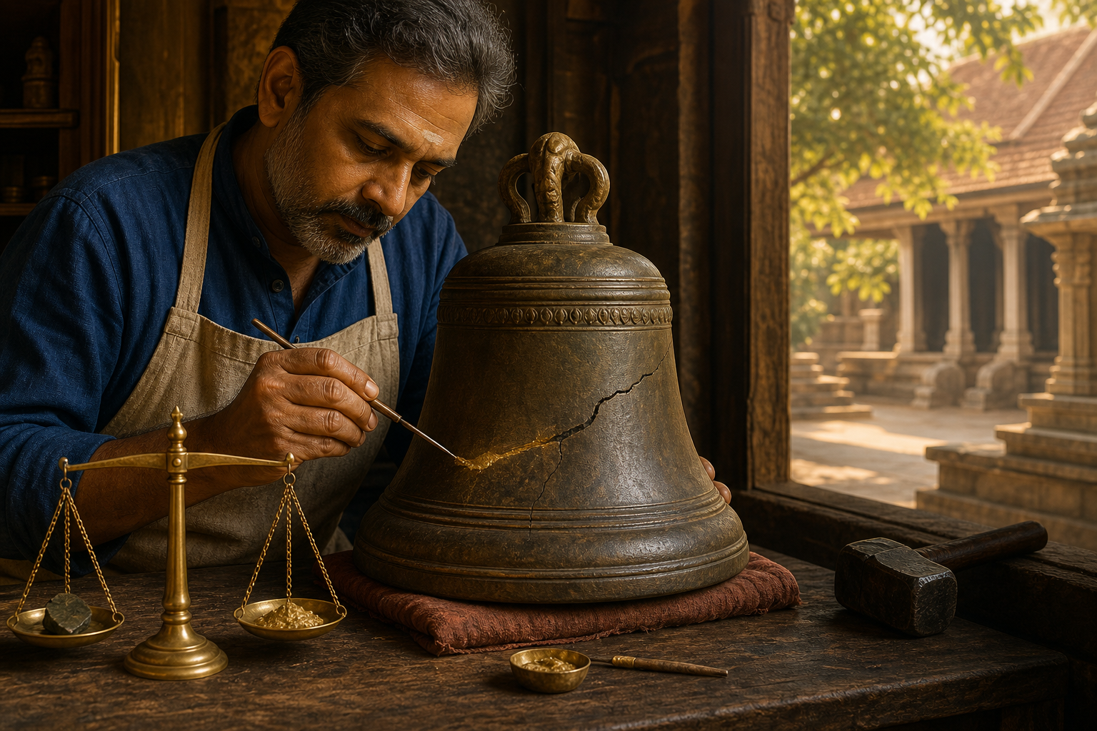 A craftsperson uses a precise tool to repair a cracked bronze bell while a heavy hammer remains unused at the edge of the bench.