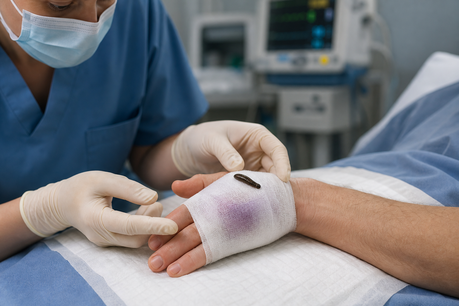 A hospital clinician monitors a medicinal leech placed on congested tissue of a patient's supported hand after reconstructive surgery.