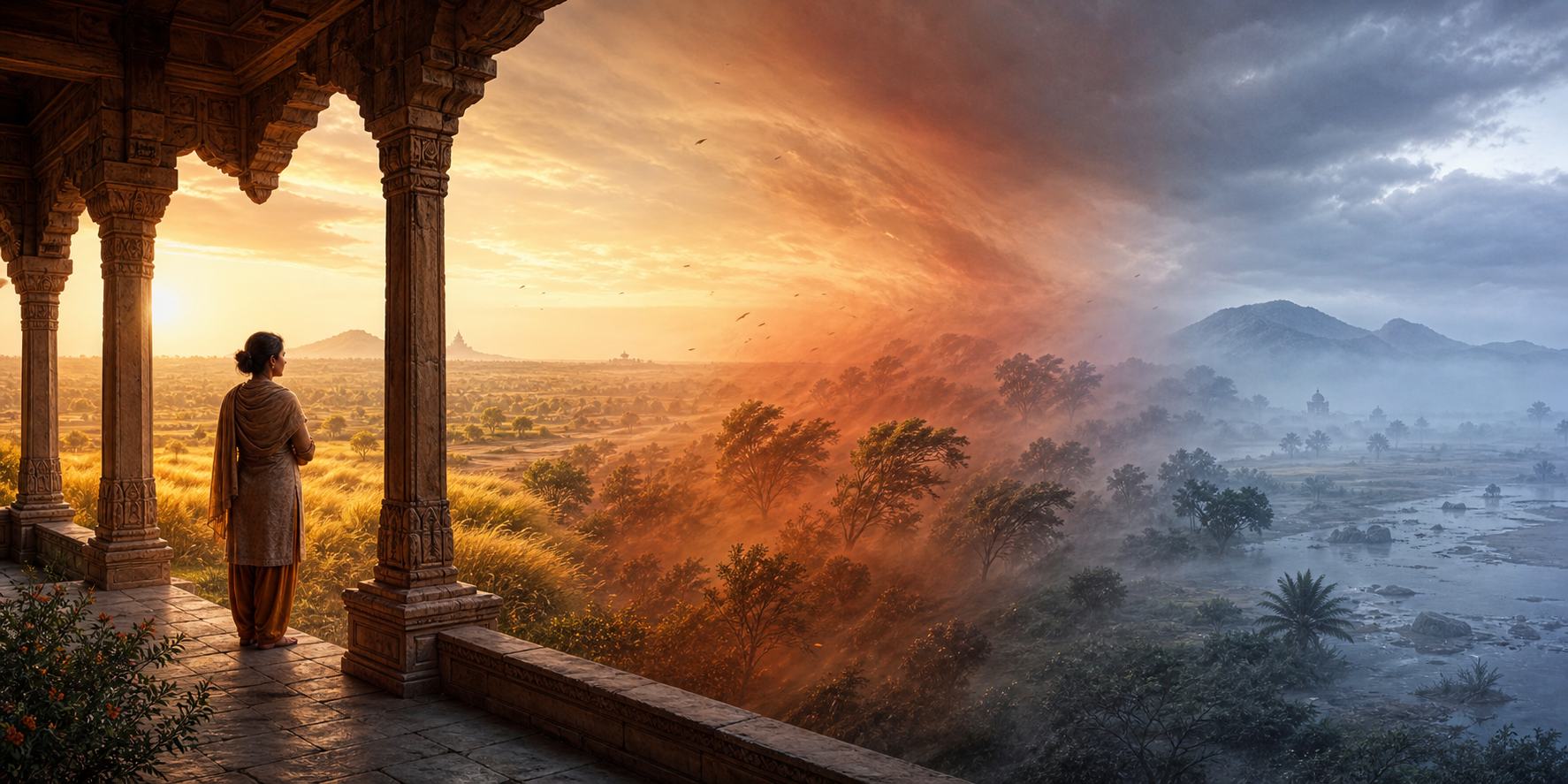 A person on a stone veranda observes clear sunlight, turbulent wind, and heavy mist moving across the same landscape.