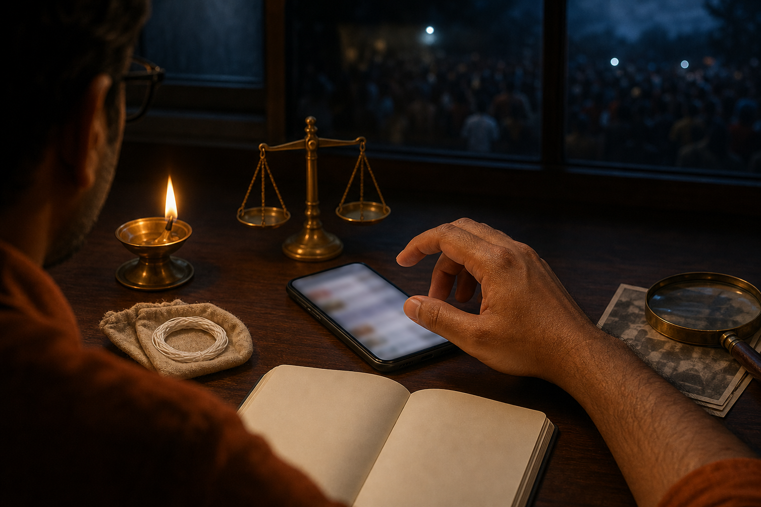 A person's hand pauses above an unbranded phone beside a magnifying glass, balanced scale, sacred thread, blank notebook, and oil lamp.