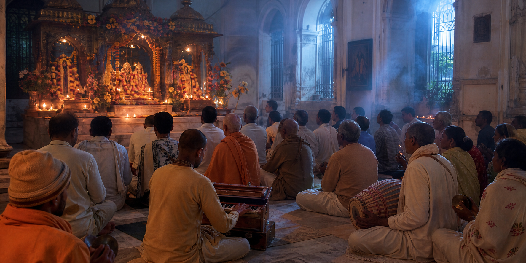 Worshipers sing together during a pre-dawn Mangal Arati as a seated leader plays harmonium near a flower-decorated temple altar.