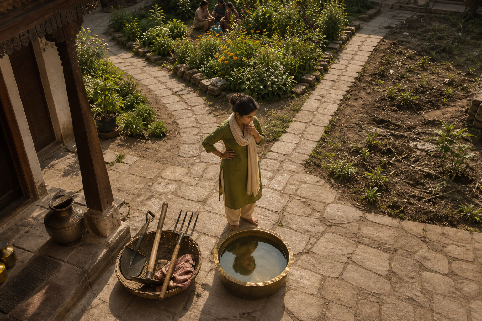 A person stands beside a reflective water bowl, work tools, and two paths leading toward either a healthy garden or damaged plants.