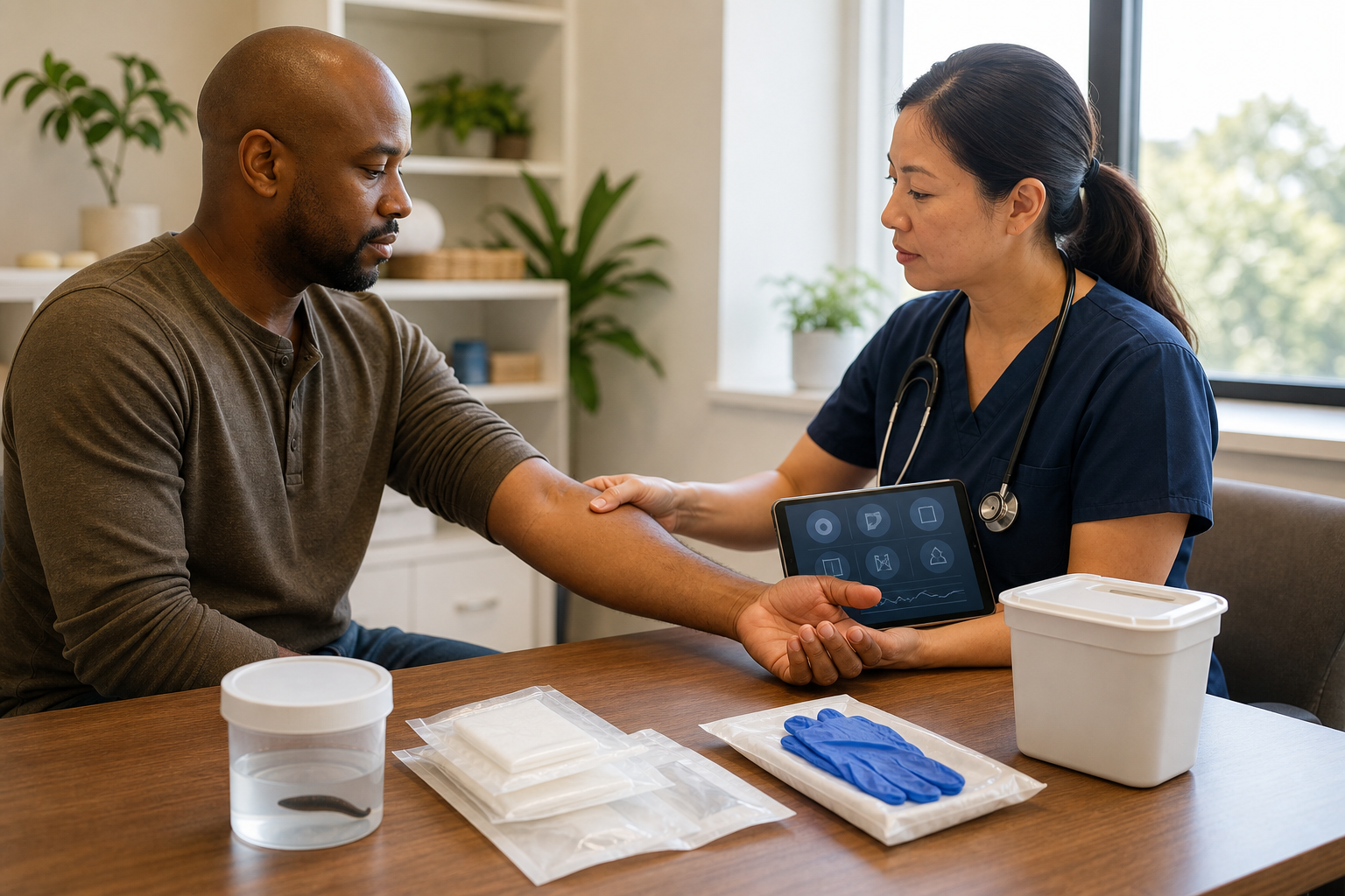 A clinician examines a patient's forearm during a consultation, with a sealed medicinal leech container and sterile supplies on the desk.