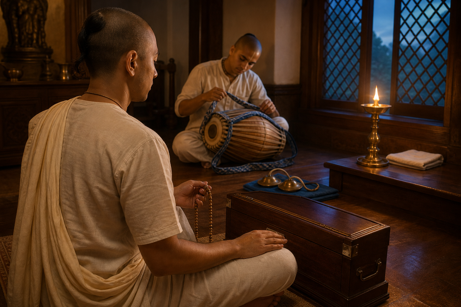 A devotee prepares quietly beside a harmonium, prayer beads, drum, and hand cymbals in a softly lit temple room before dawn.