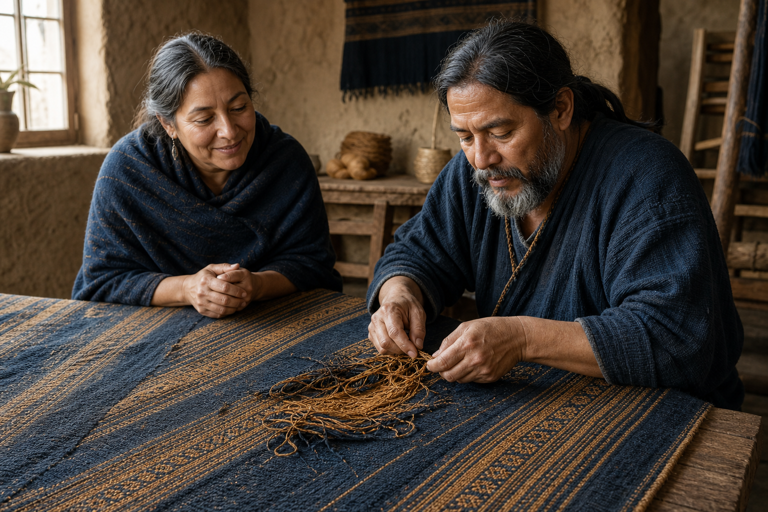 An artisan carefully repairs a tangled section of woven cloth while its owner watches in a warm, sunlit workshop.