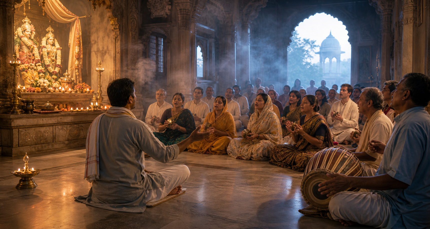 A seated song leader guides a call-and-response chant while worshipers sing together at the same level inside a temple.