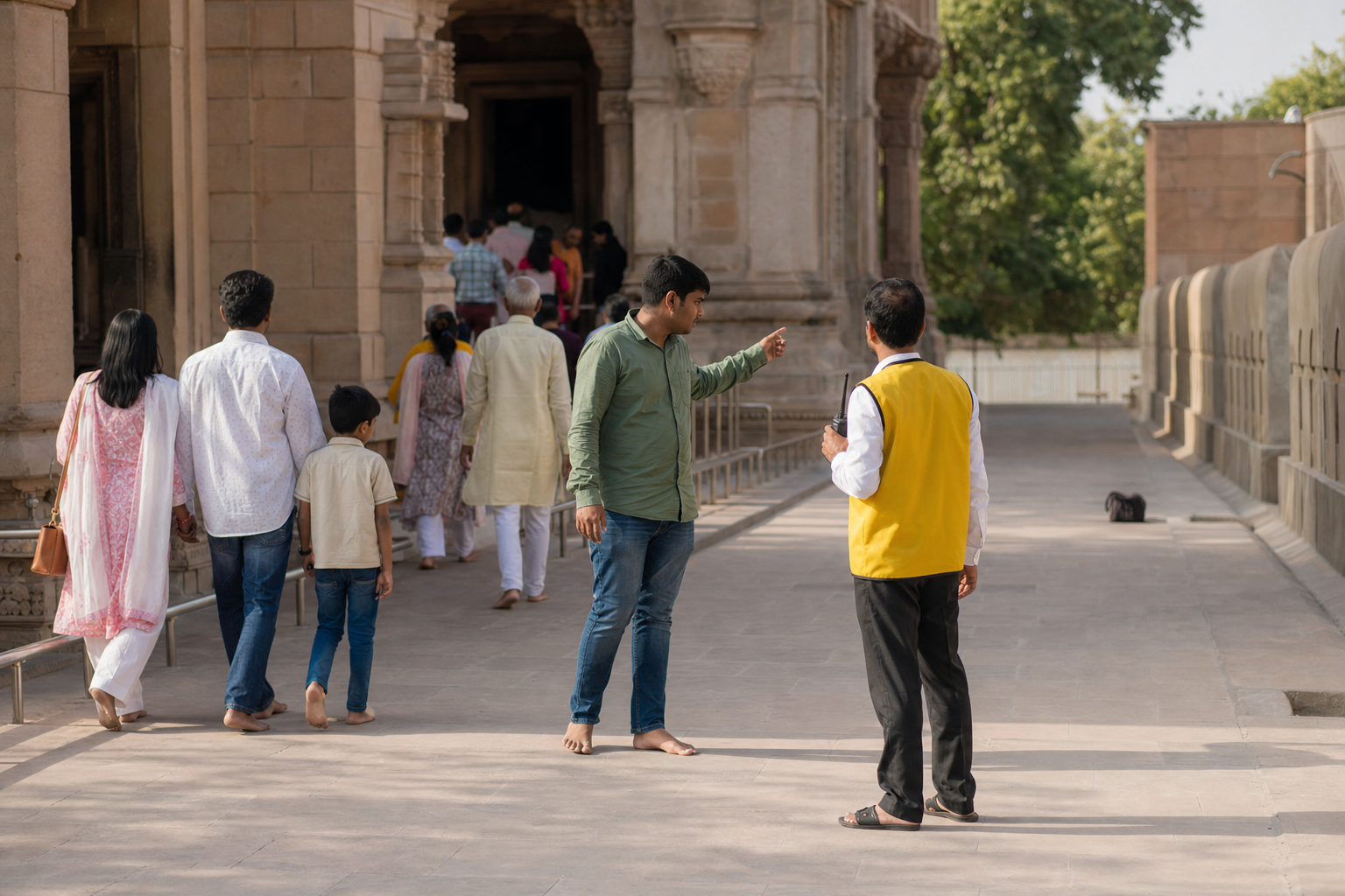 A temple visitor points out an unattended bag from a safe distance to a volunteer while other worshippers remain calm.