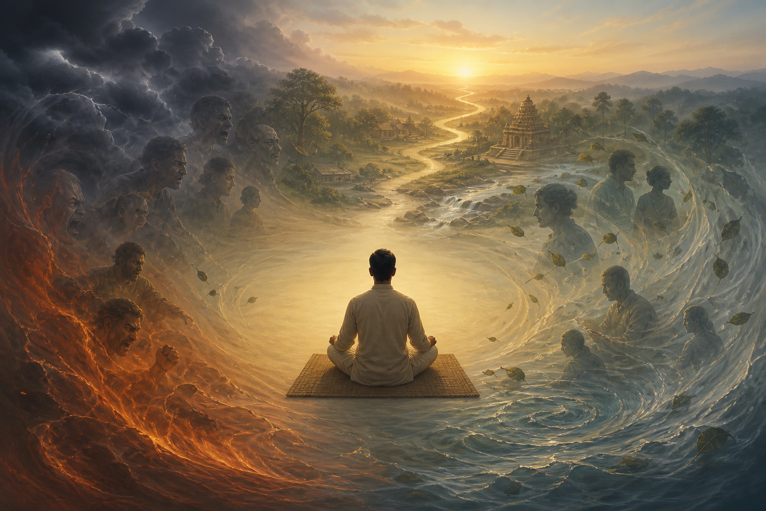 A meditator sits in stillness while translucent clouds, leaves, water, and silhouettes circle around them, with a winding path leading toward a bright horizon.