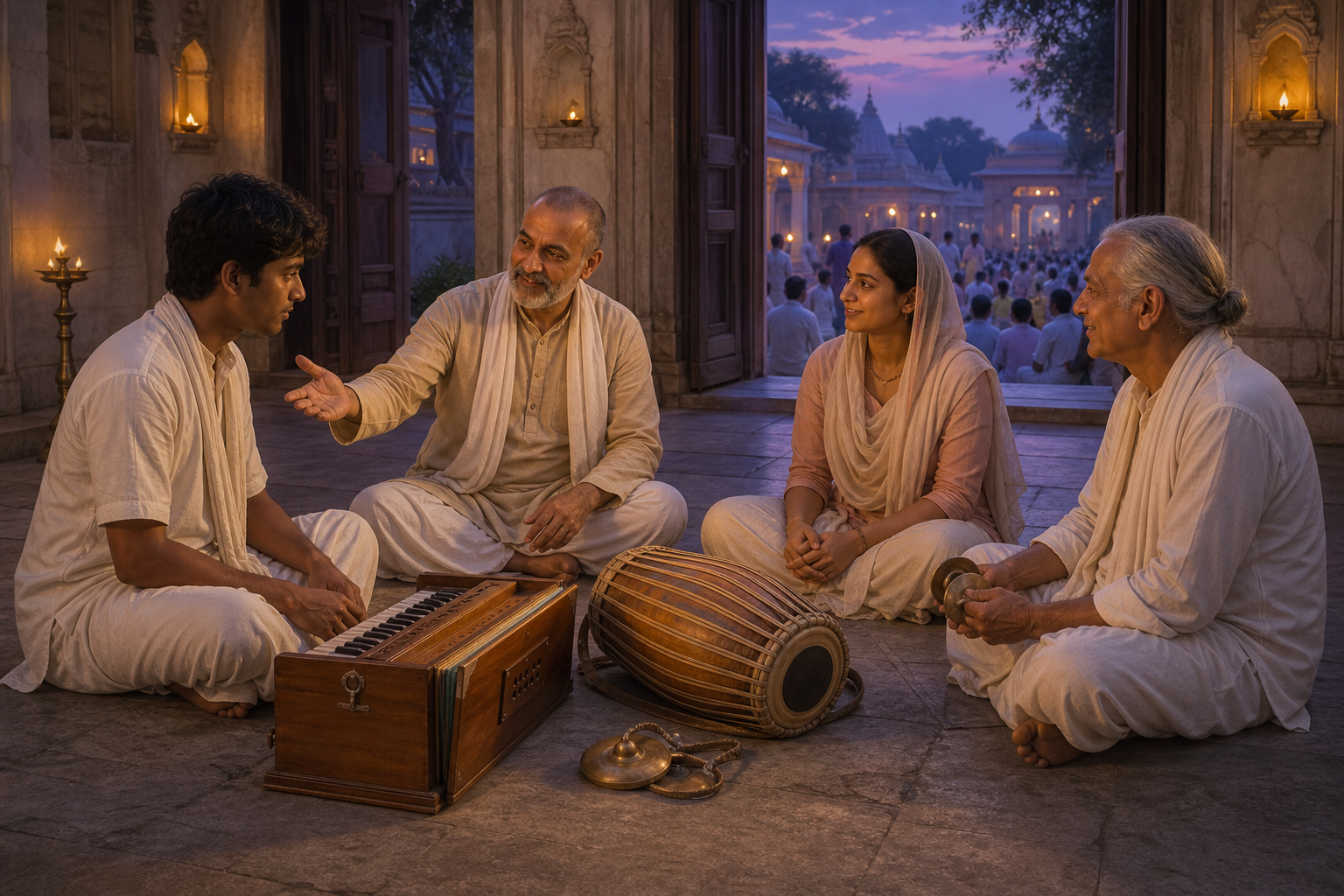Devotees sit in a circle with temple instruments as an experienced singer encourages a younger participant to lead.