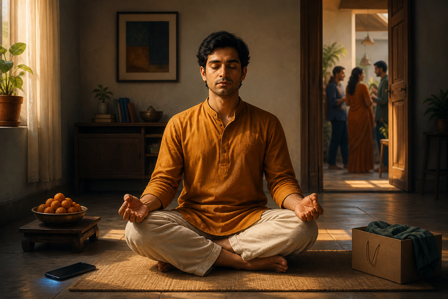 A person meditates in a sunlit room while a phone, sweets, a parcel, and a nearby social gathering remain at the edges of the scene.