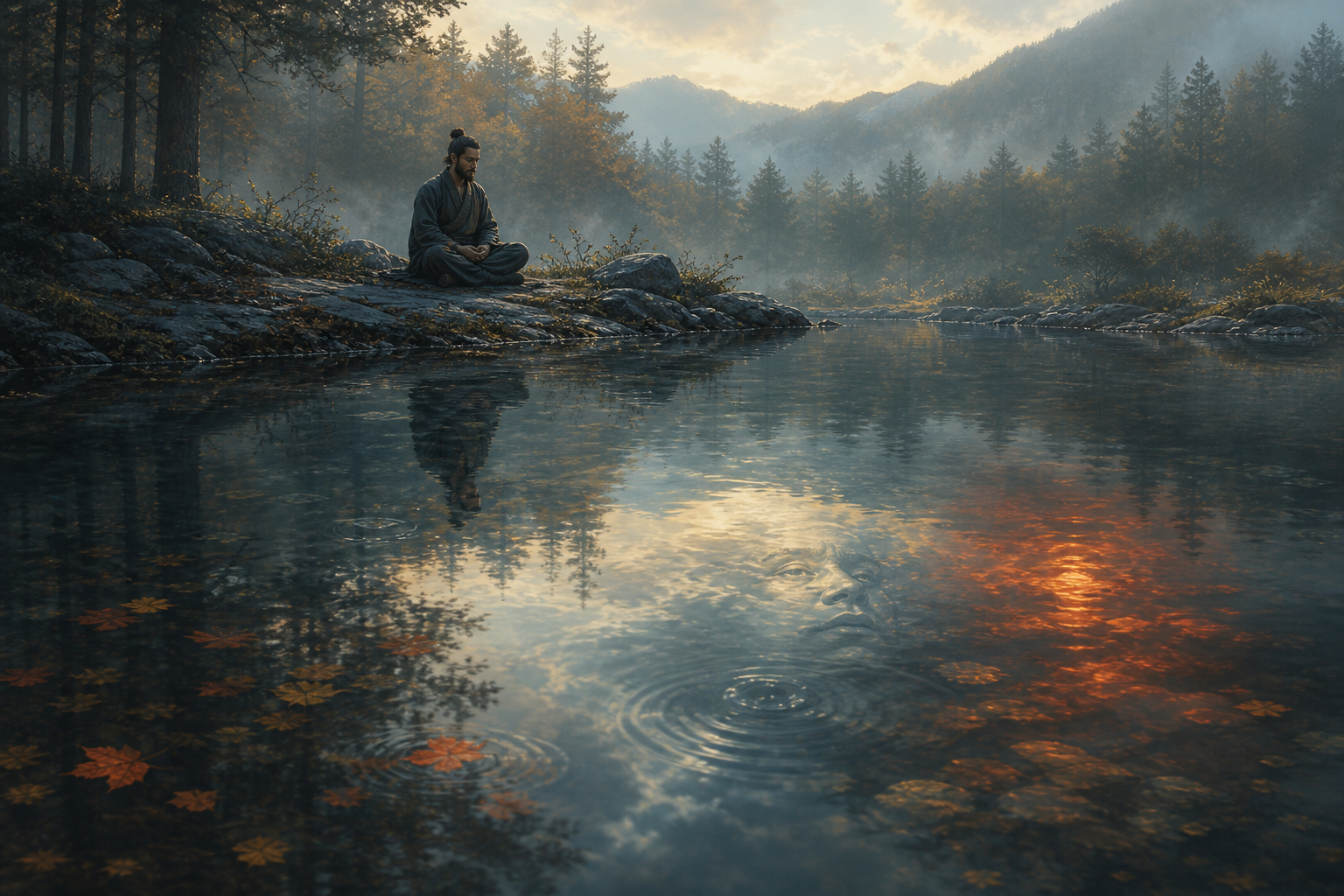A seated practitioner watches changing clouds, colored light, and falling leaves reflected in a rippling forest pool.