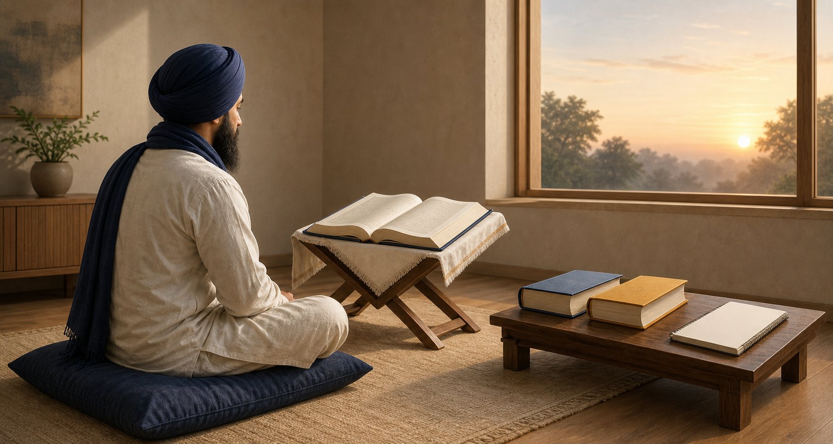 A head-covered Sikh reader studies from a prayer book at dawn, with separate translation and commentary volumes beside a blank notebook.