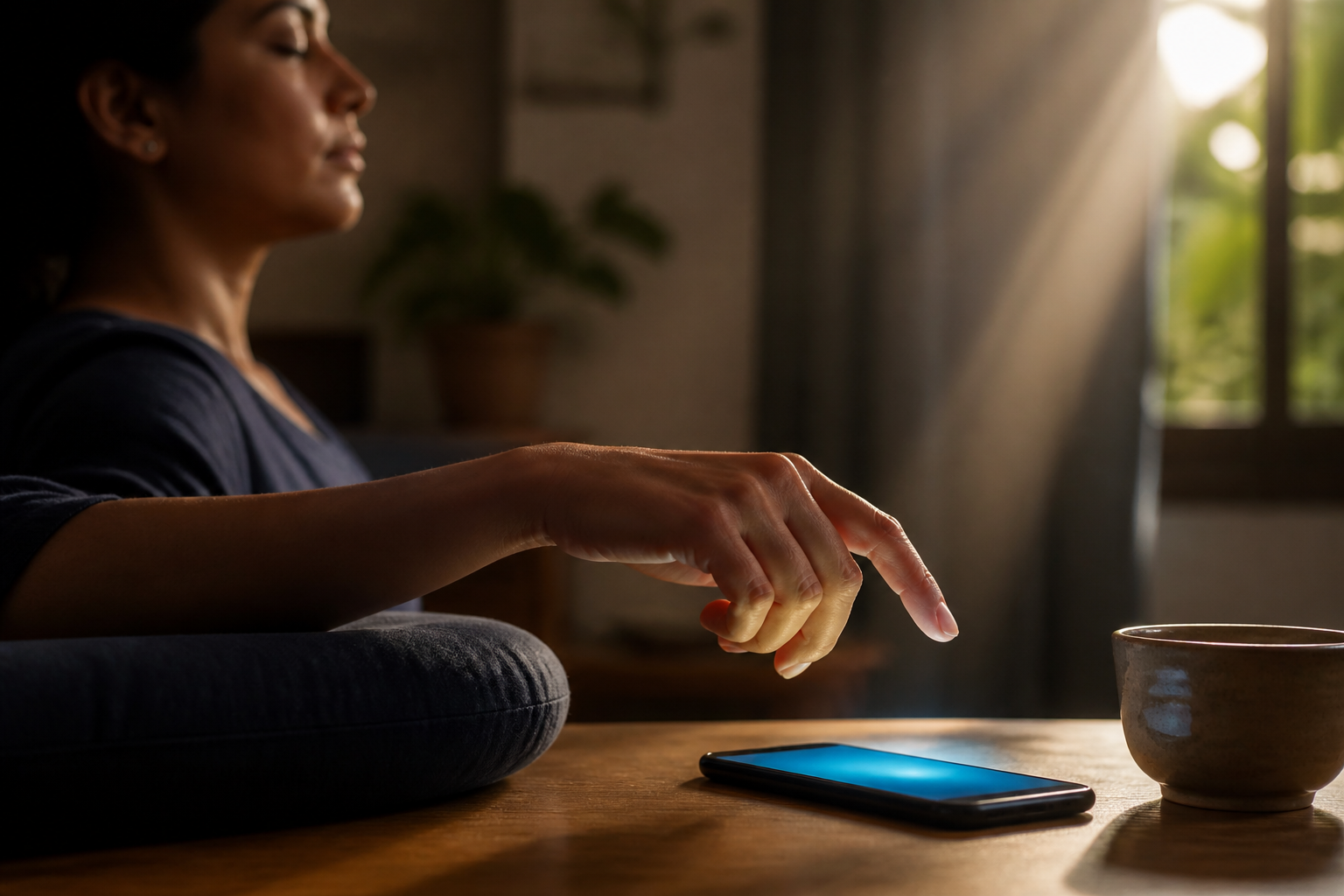 A person's hand pauses above a glowing smartphone while they sit calmly beside a meditation cushion and cup of tea.