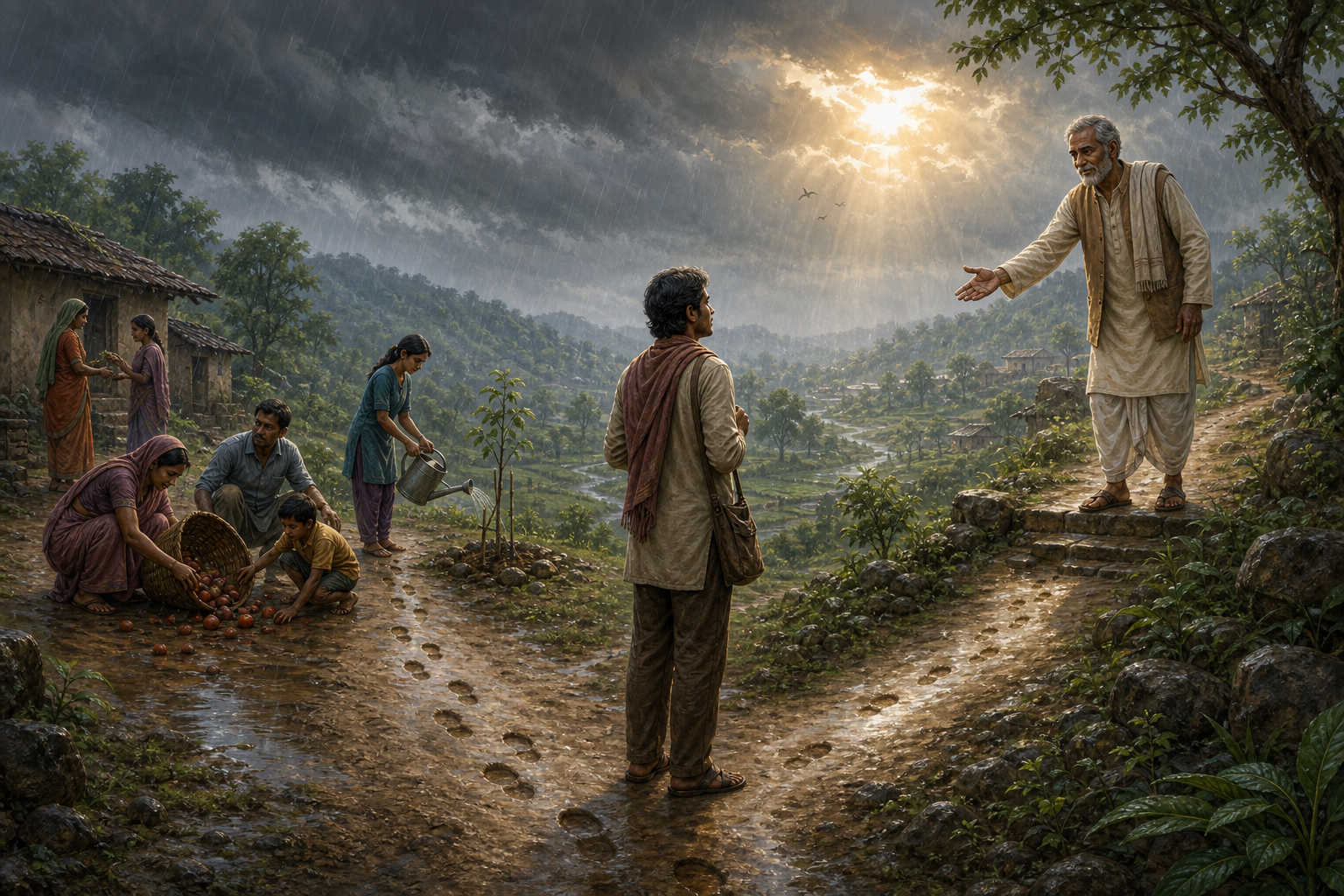 A mindful traveler stands on a village path marked by footprints, repairs past harm, and accepts an elder's helping hand as rain falls.