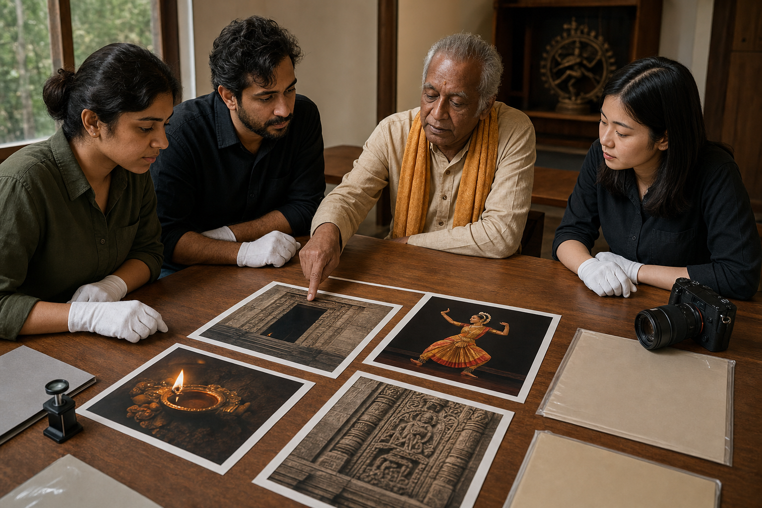 A media team and community advisor review photographs of a temple, a classical dancer, an oil-lamp offering, and architectural details at a wooden table.