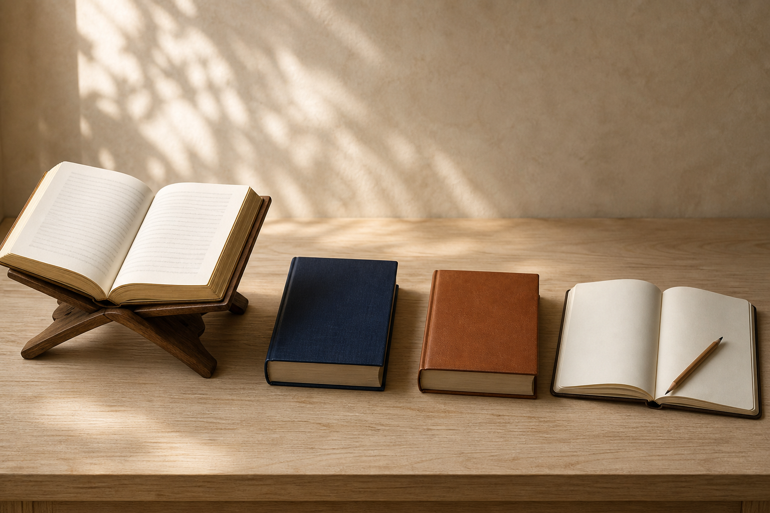 Four separate study objects sit on a low table: an elevated prayer book, two reference volumes, and a blank journal with a pencil.