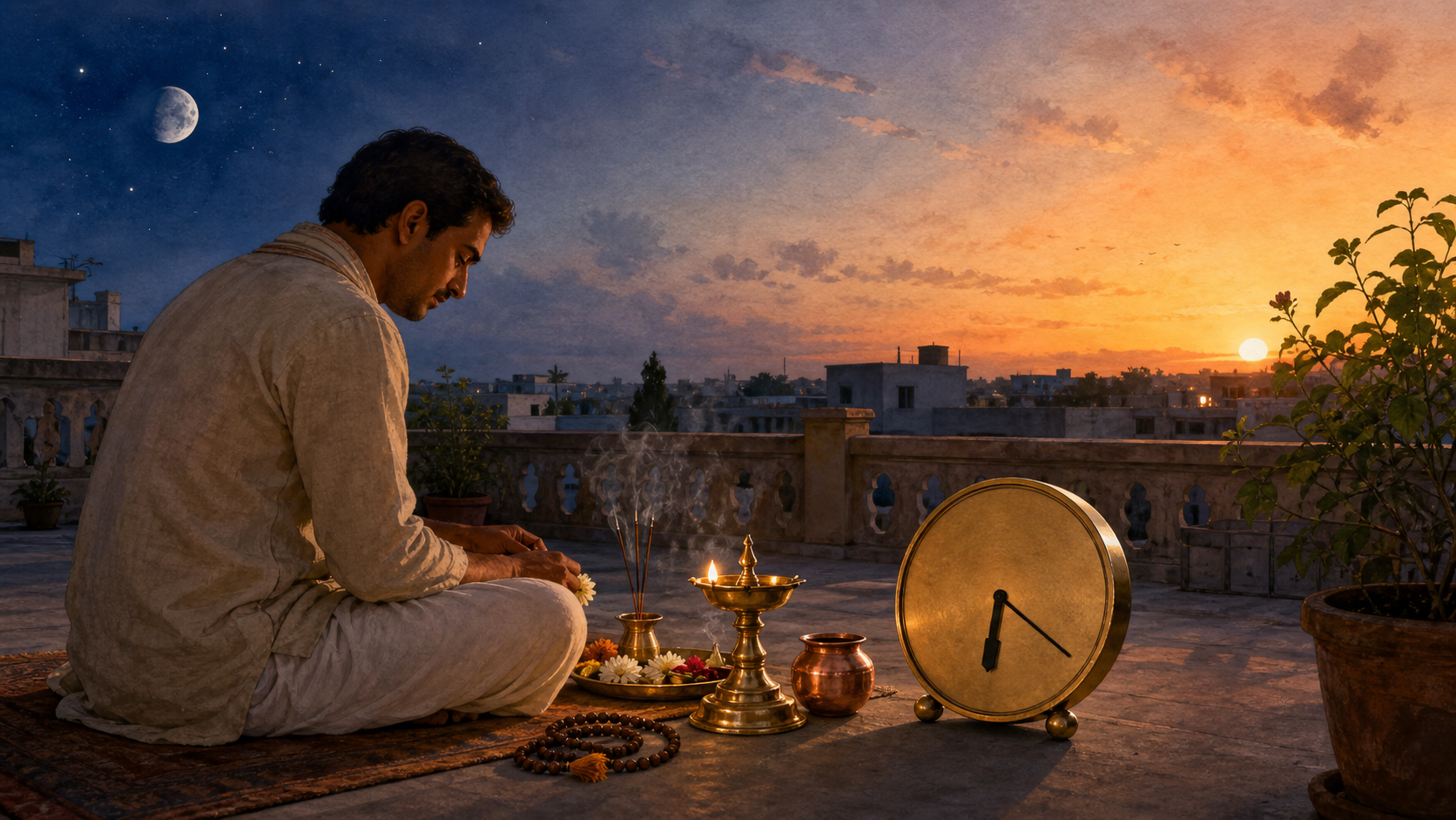 A devotee prepares a small home puja at dawn beside an oil lamp, water vessel, flowers, prayer beads, and an unmarked brass clock, with a waning moon above distant rooftops.