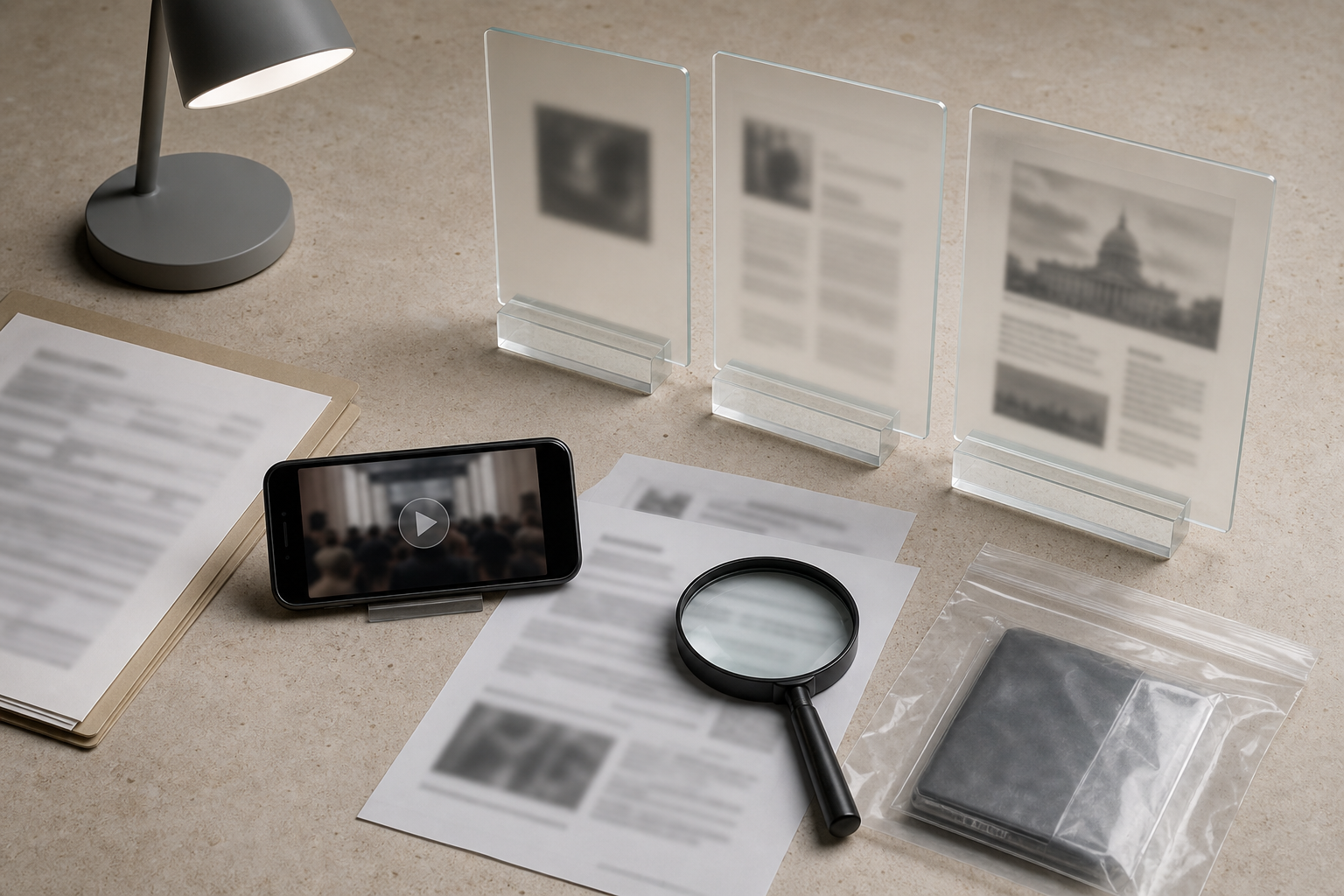 A smartphone, blurred document pages, an evidence sleeve, and a magnifying lens are arranged on a review desk beneath layered translucent panels.
