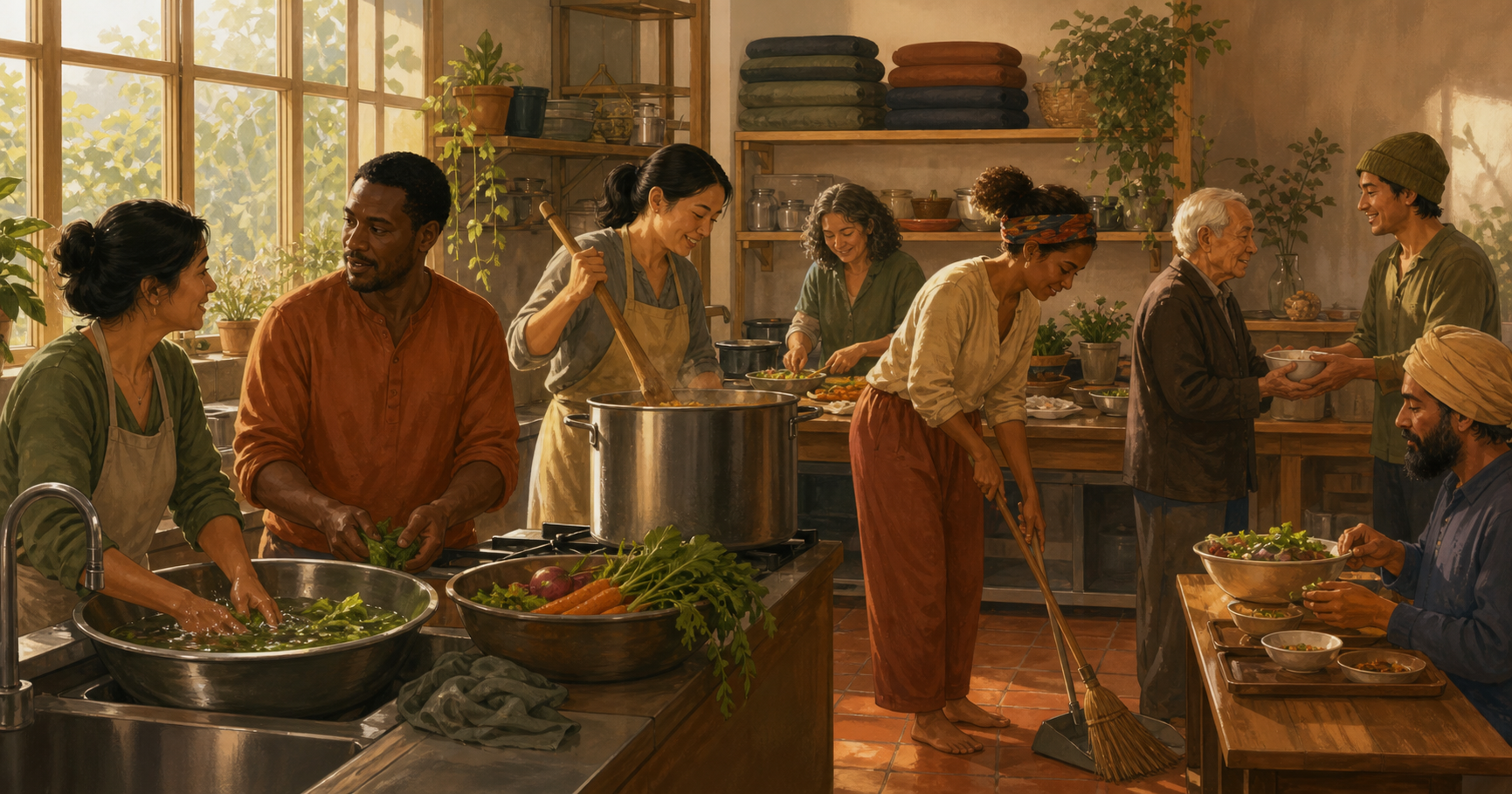A group prepares and serves food together in a community kitchen while treating one another with patience and care.