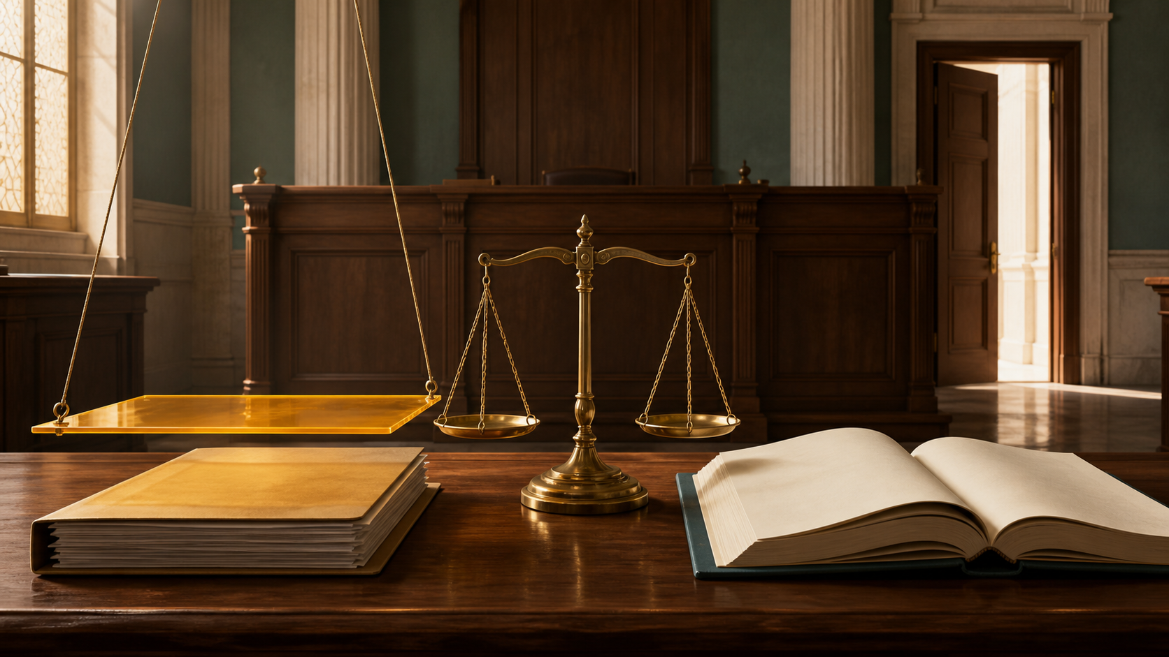 An unmarked case file, an open judicial record, and balanced brass scales sit in an empty courtroom beneath a translucent amber barrier.