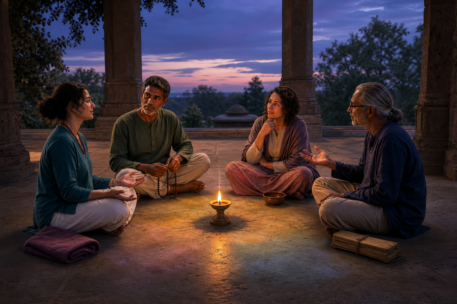 Four practitioners with different devotional and contemplative objects sit together around a shared lamp in an open pavilion.