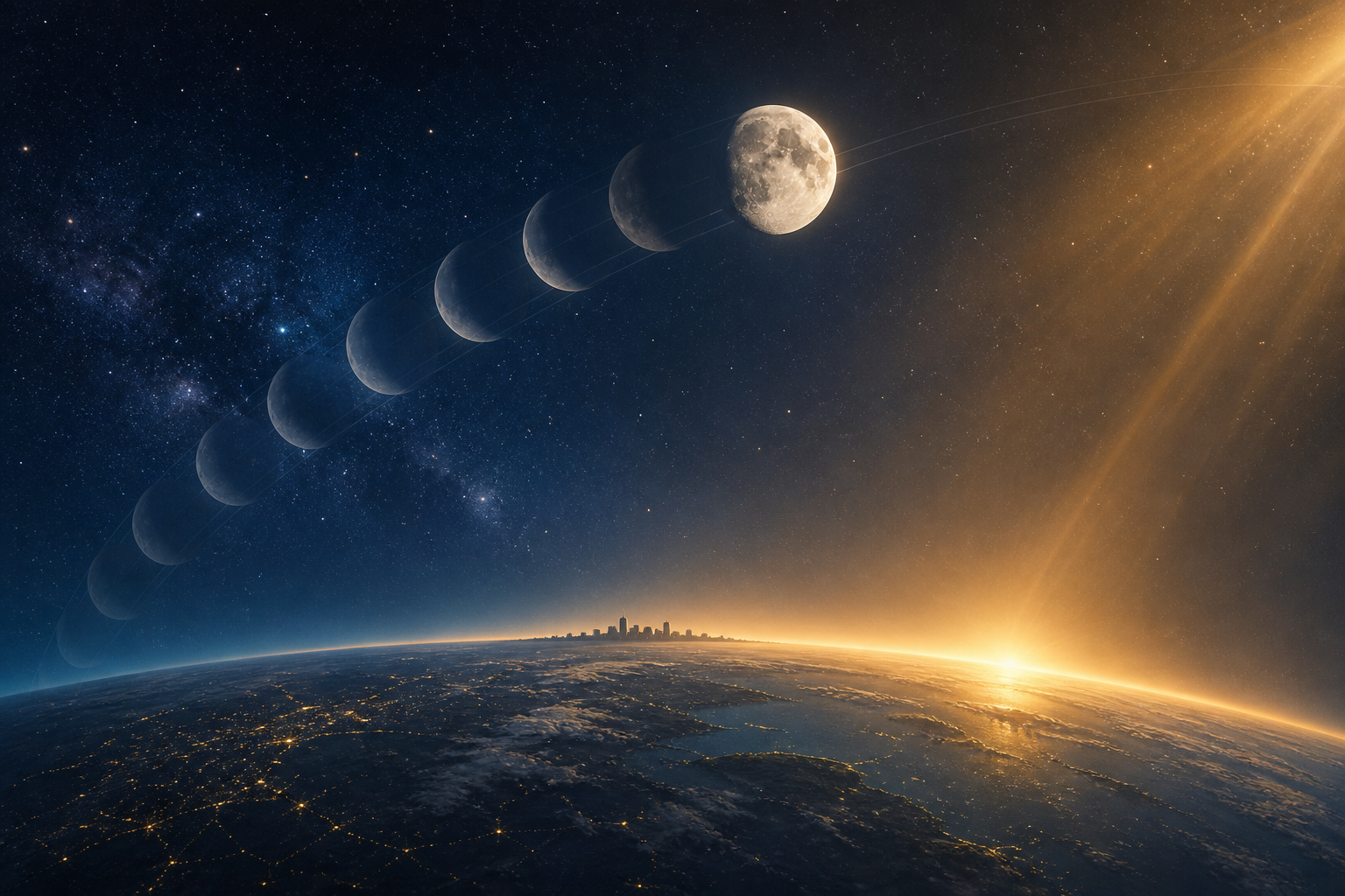 A conceptual view of Earth, the Moon, and incoming sunlight shows the Moon moving through several positions as sunrise reaches a city on Earth.