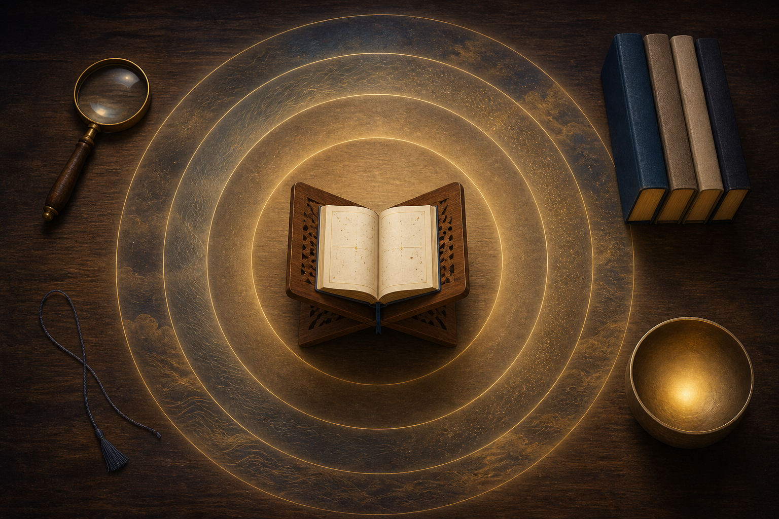 A prayer book on a wooden stand is encircled by layered arcs of light, with a lens and reference books arranged around it.