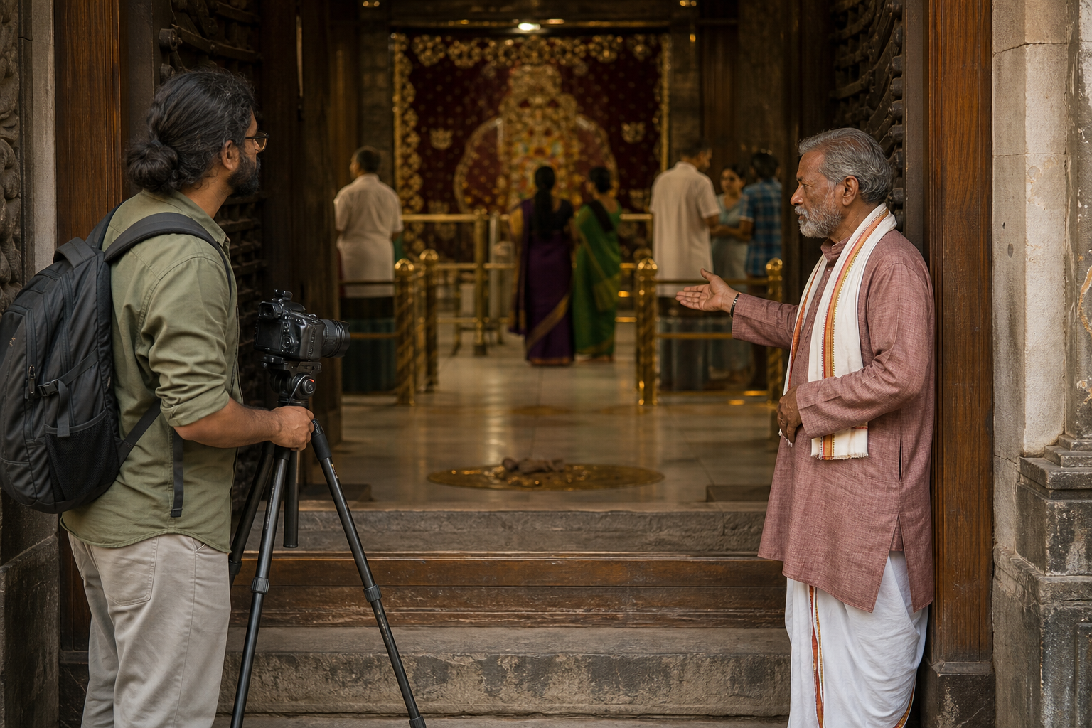 A filmmaker keeps a tripod outside a temple boundary while a ritual custodian indicates where recording is permitted.