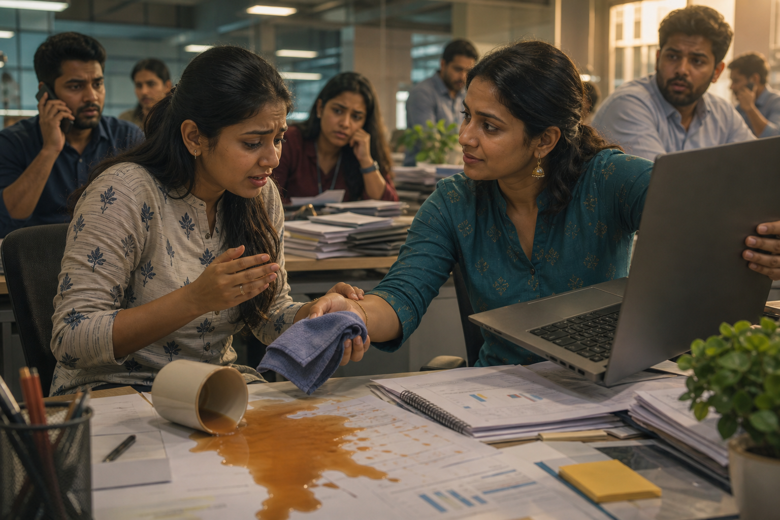 An office worker responds calmly and helps a colleague after tea spills across a crowded desk.