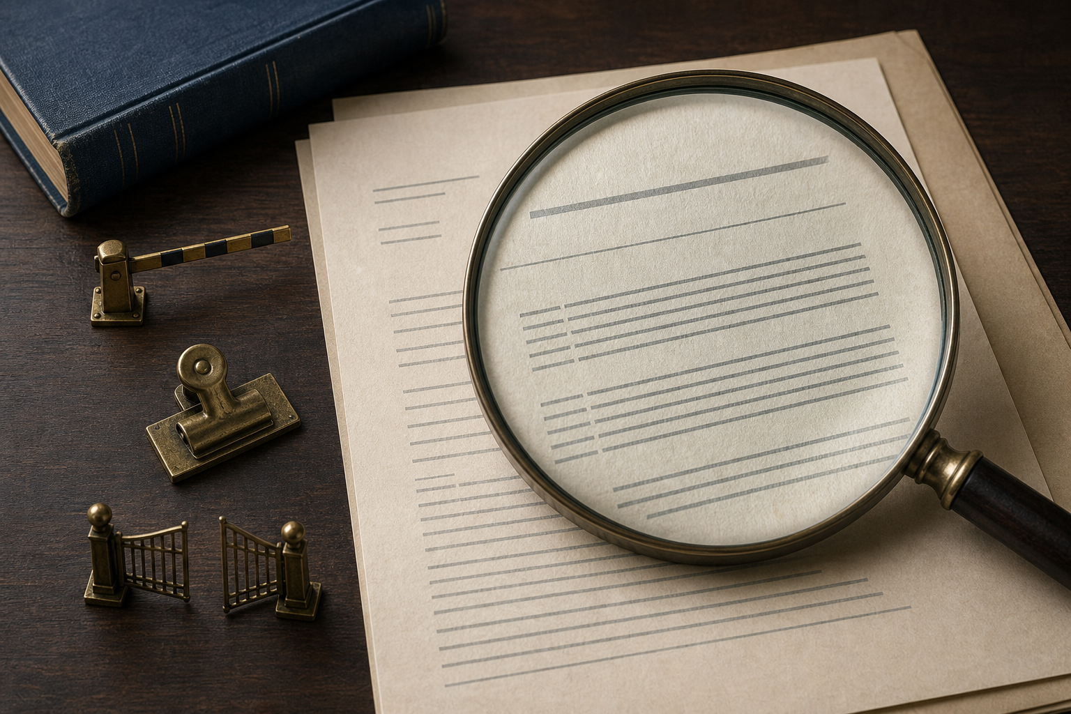 A magnifying lens rests over an unmarked court document beside a small barrier, clip, and open brass gate on a wooden desk.