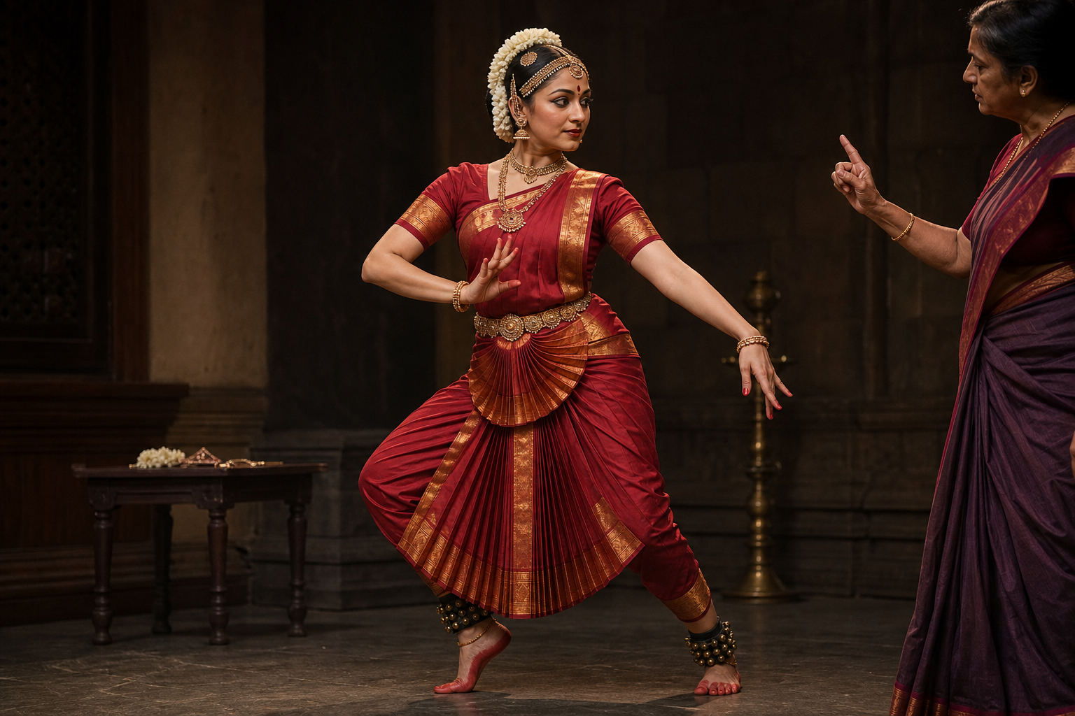 A classical Indian dancer practices a full-body pose while a senior teacher offers a small correction beside the performance space.