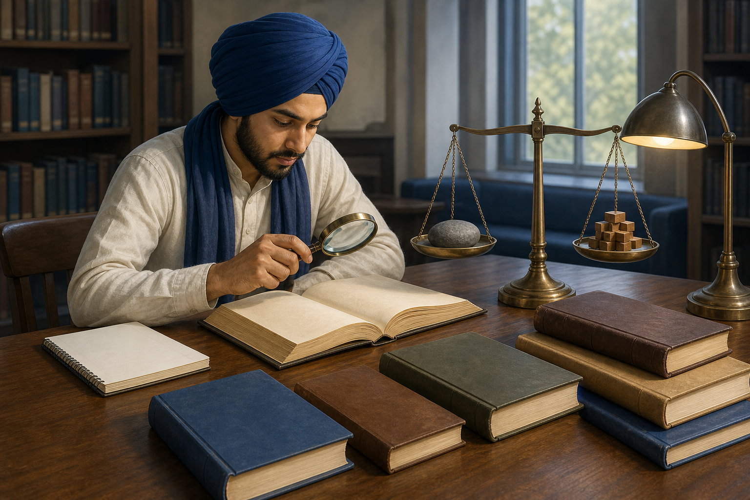 A head-covered student compares several reference books at a library table beside a balanced brass scale and a blank notebook.
