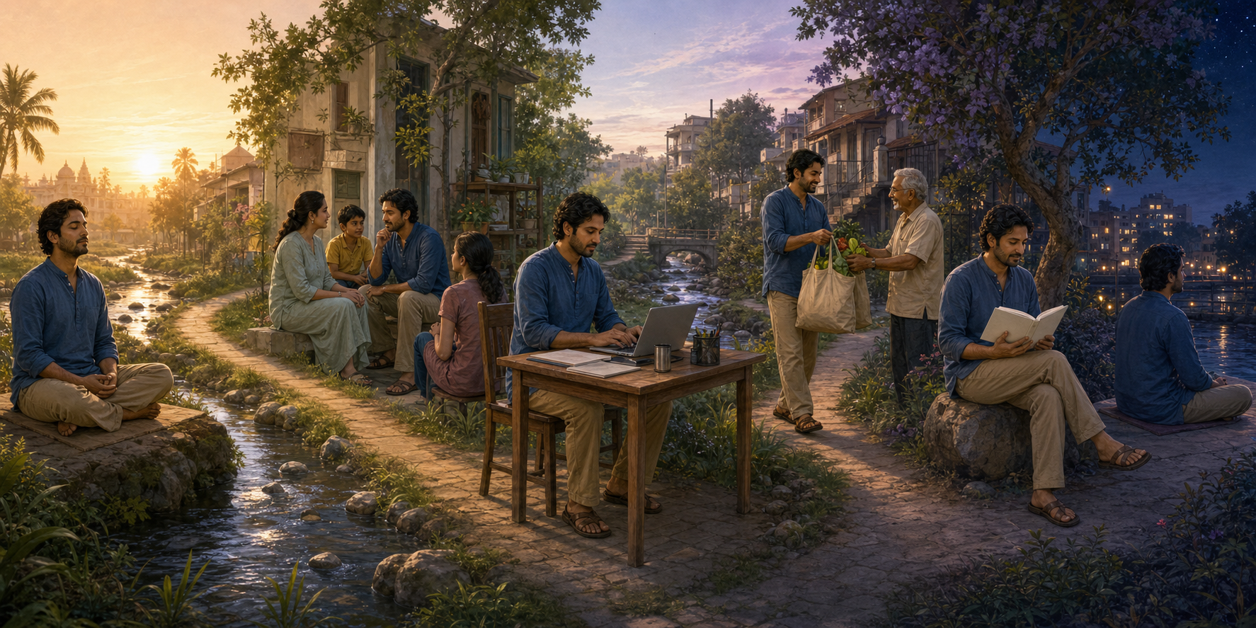 The same practitioner meditates, speaks with family, works, helps a neighbor, studies, and reflects across the course of one day.