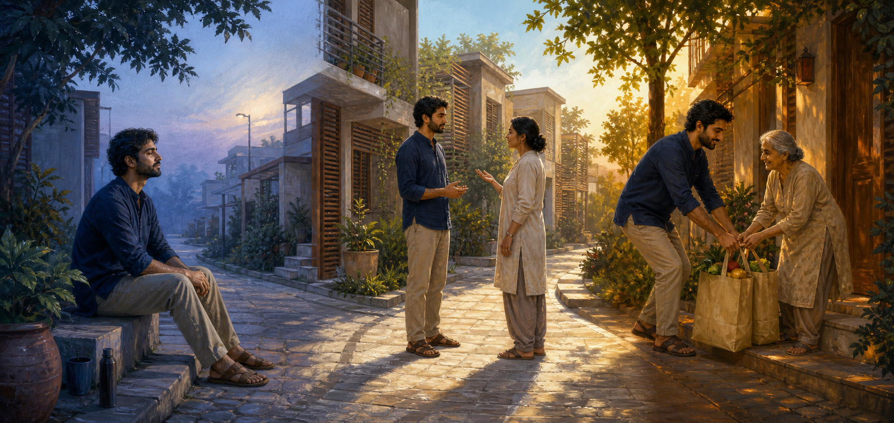The same person meditates at dawn, responds patiently in conversation during the day, and helps an older neighbor with groceries in the evening.
