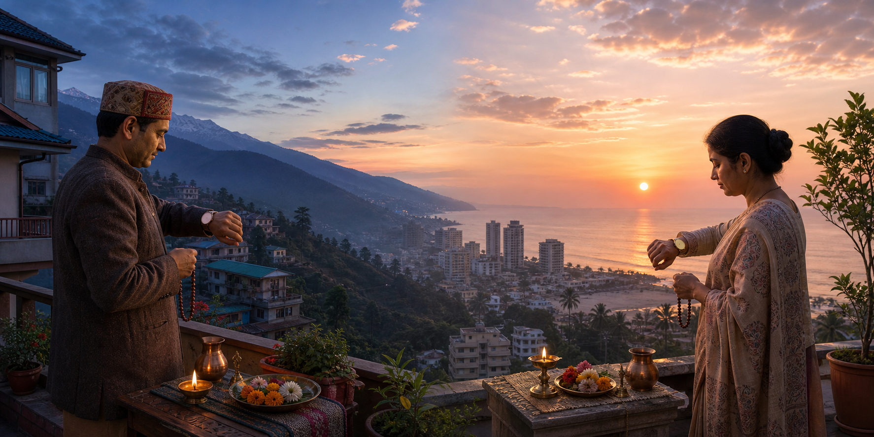 Two worshippers prepare similar dawn rituals in a mountain town and a coastal city under visibly different local horizons and morning light.
