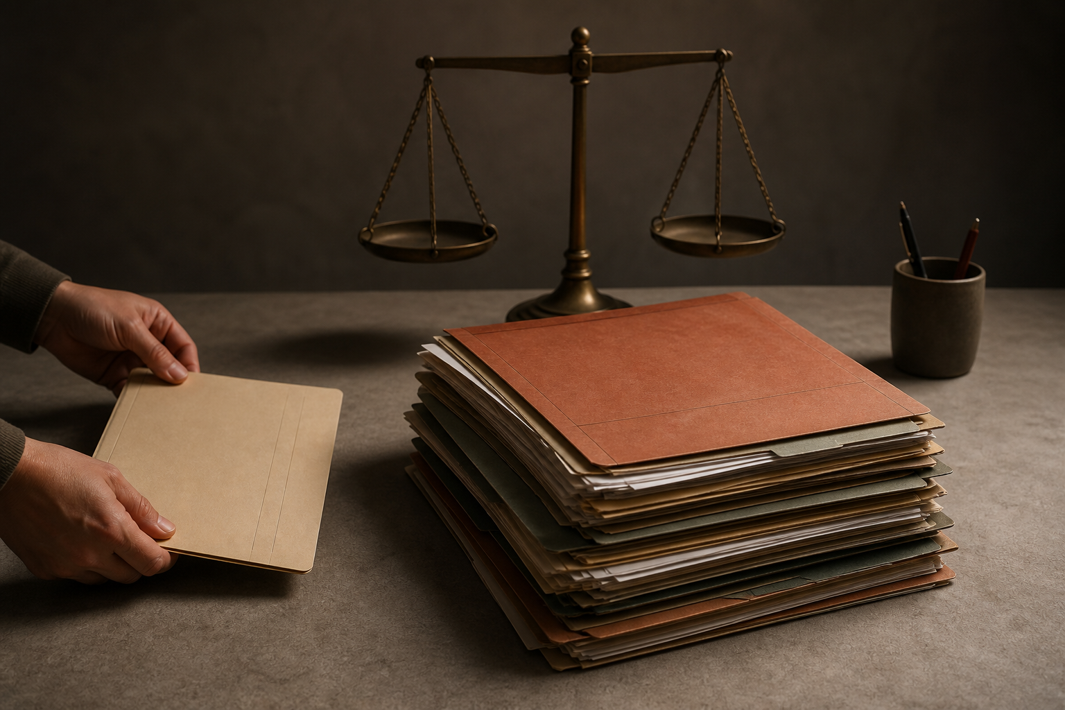 Two hands pull back a thin unmarked folder while a larger stack of case records and a balanced scale remain on the table.