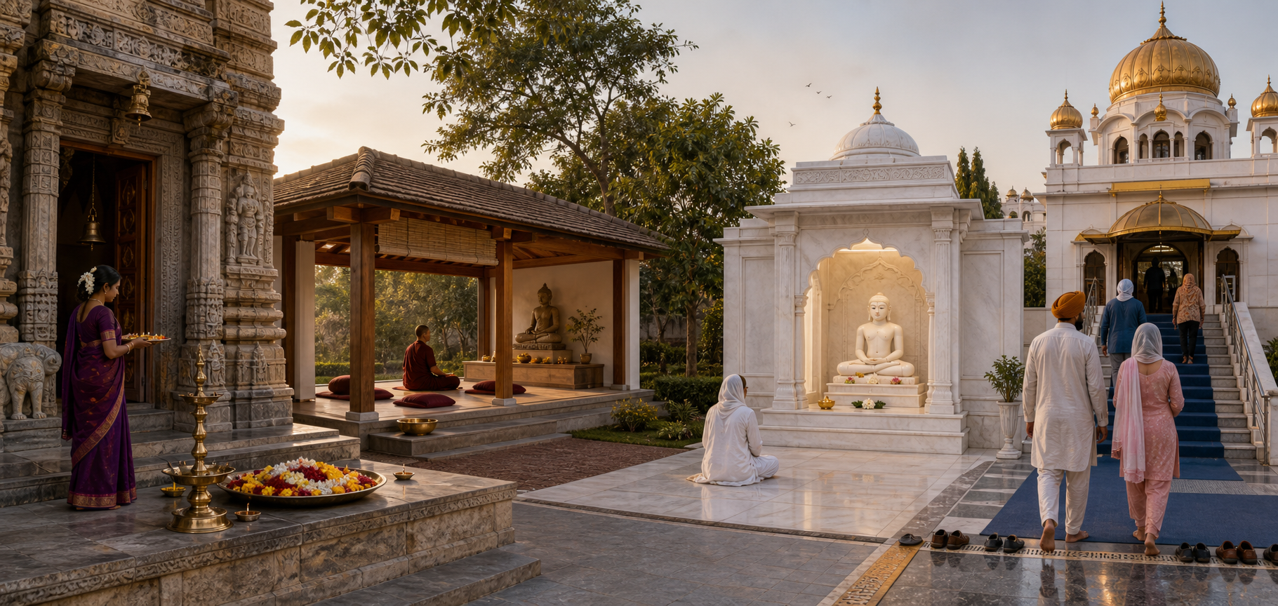 Four neighboring devotional settings show distinct temple, Buddhist, Jain, and gurdwara spaces connected by a shared courtyard and dawn light.