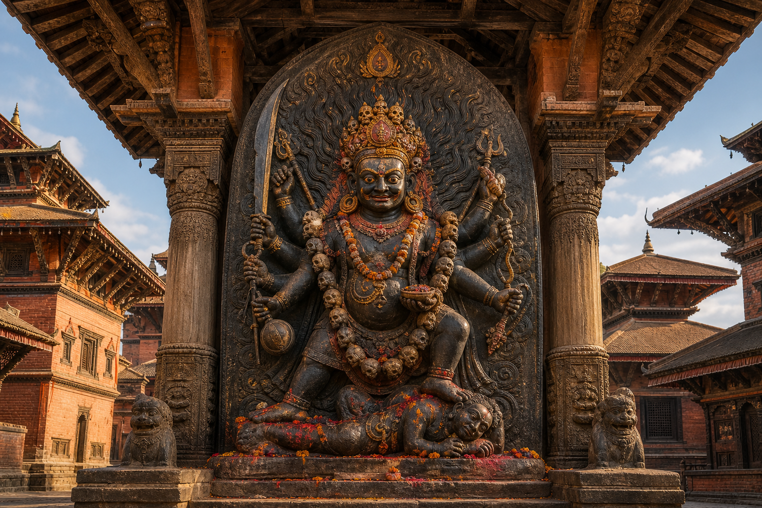 Monumental dark stone image of Kal Bhairav standing in an open-air shrine in Basantapur, with multiple arms, an ornate crown and offerings at its base.